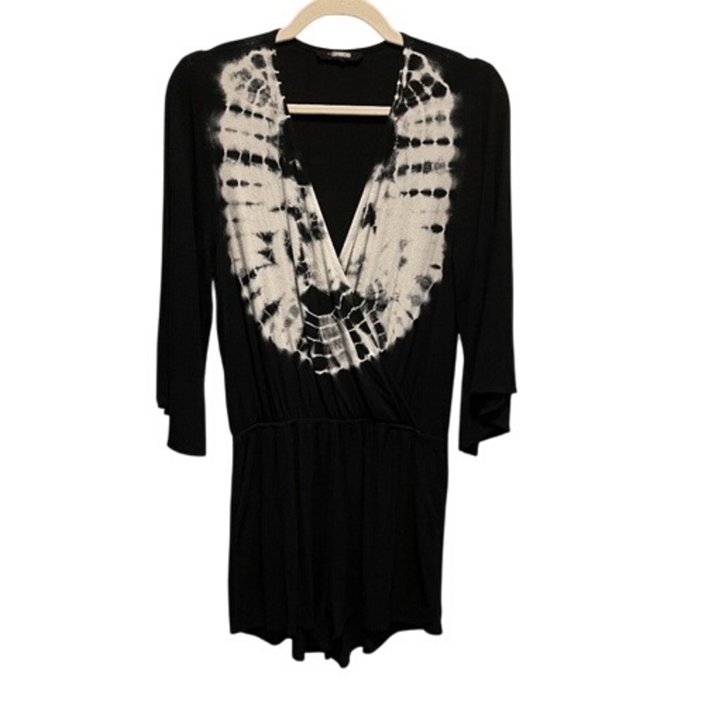 Olivaceous Black White Tie Dye Romper Kimono Sleeve Surplice Size L